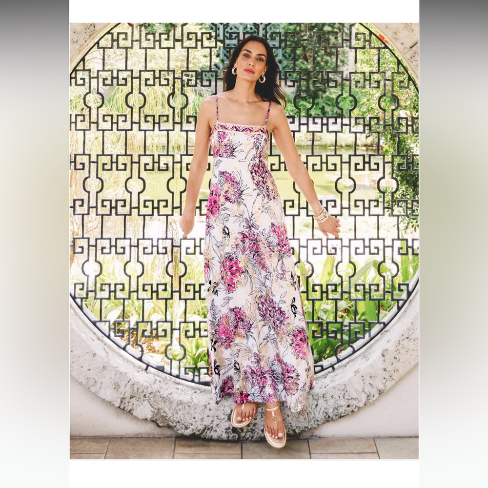 Lilly Pulitzer Square Neck Fit-And-Flare Pink and White Floral Maxi Dress